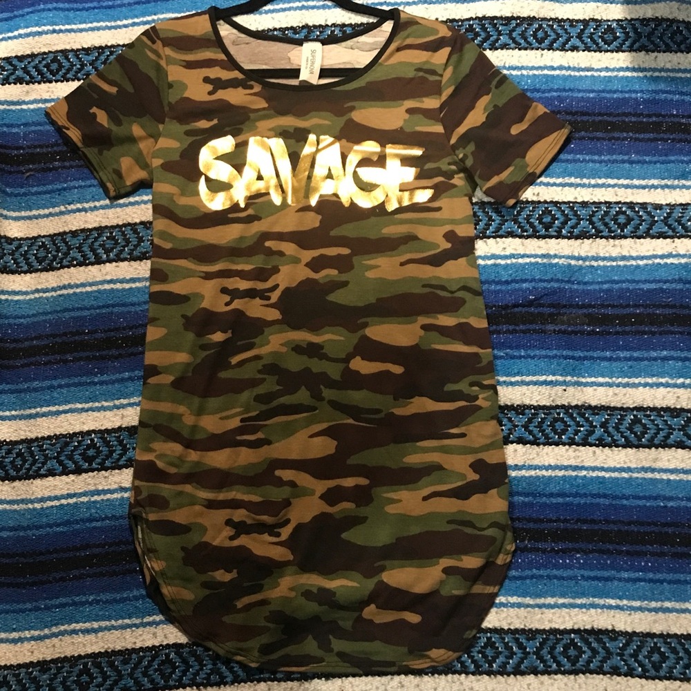 SUPERNOVA CAMOUFLAGE WOMANS MEDIUM MINI DRESS GOLD LETTERS “SAVAGE “